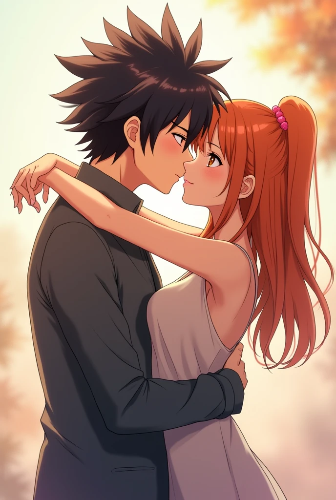 Wallpaper,masterpiece,High resolution,8K, anime
( ash_pokemon; black hair, brown eyes,man)(Misty_Pokemon)(1 18-year-old girl)
(Orange Hair,one side up hair, close eyes,Small breasts,Skinny, beautiful smile) cute girl, siren, kiss couple,love, fondo neutro