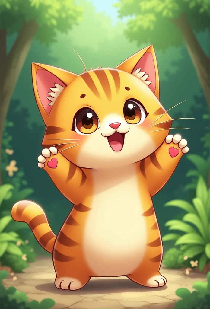 Tea Tiger Cat,With hands up,chibi,full body,green background