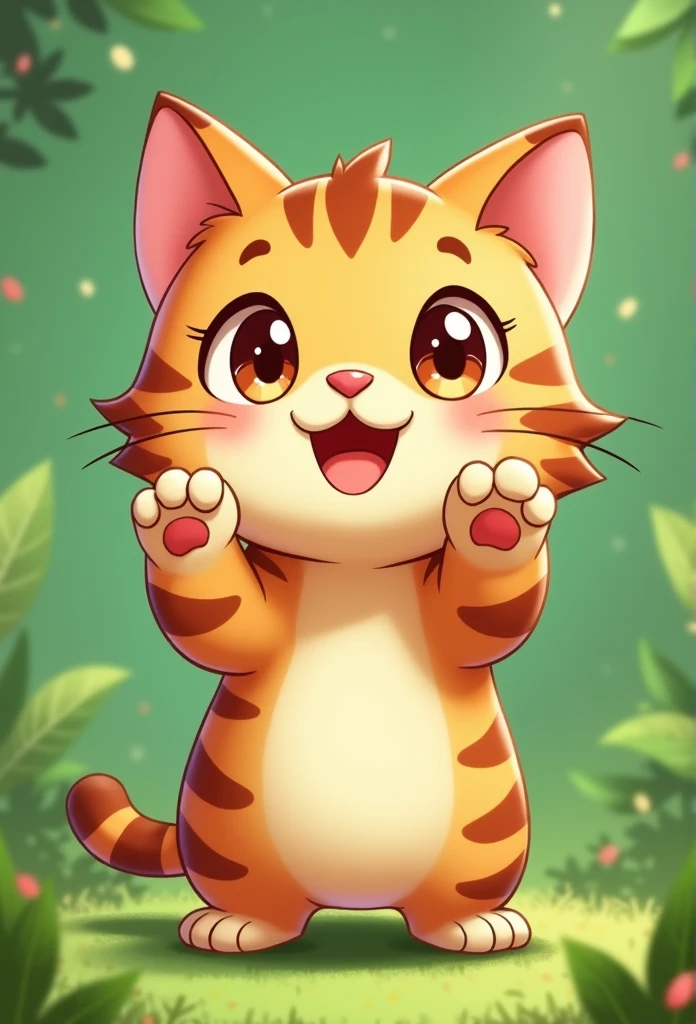 Tea Tiger Cat,With hands up,chibi,full body,green background
