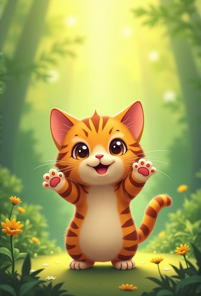 Tea Tiger Cat,With hands up,chibi,full body,green background