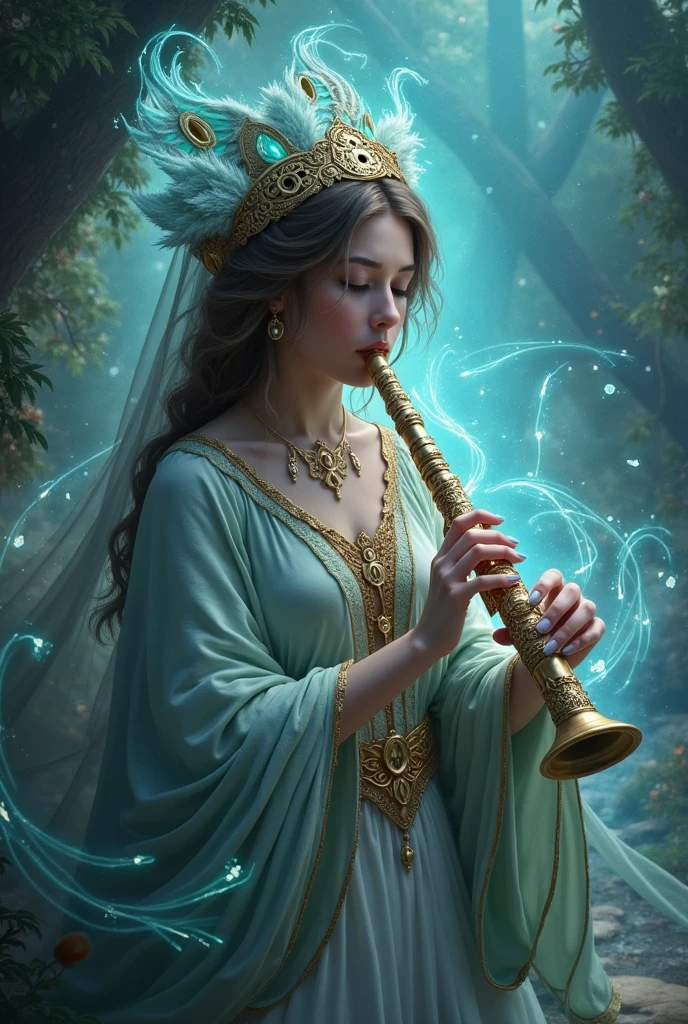 A flutist sorceress, fantastic, enchanted, enchanting, creative generation, Ultra-detailed rendering, uhd