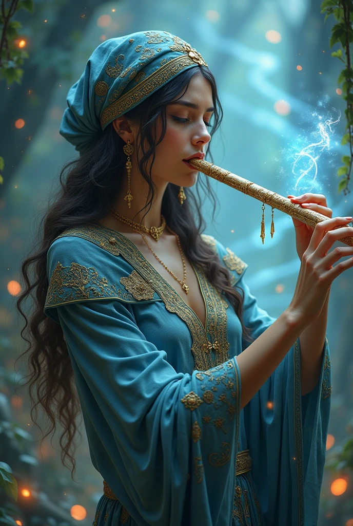 A flutist sorceress, fantastic, enchanted, enchanting, creative generation, Ultra-detailed rendering, uhd