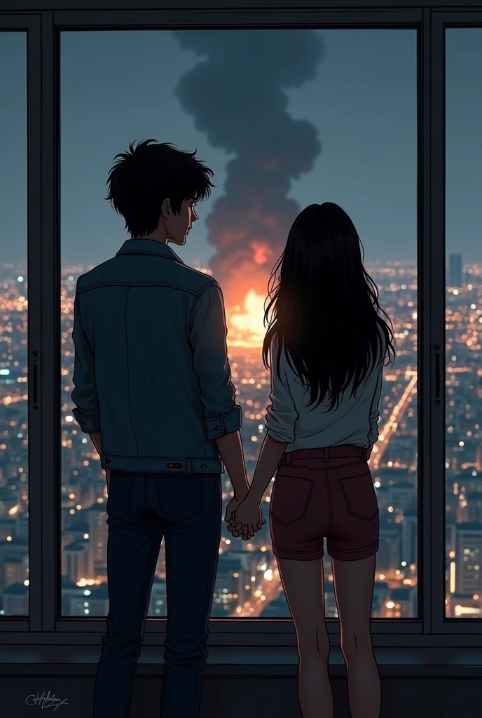 You can recreate an image like the last scene of "The Fight Club" Turning his back and facing a large window with a view of the night and the city, watching a couple of explosions in the background and holding hands, The only difference is that Marla is a girl with long black hair., and the narrator a boy with medium-long hair, black and cracked and a denim jacket.