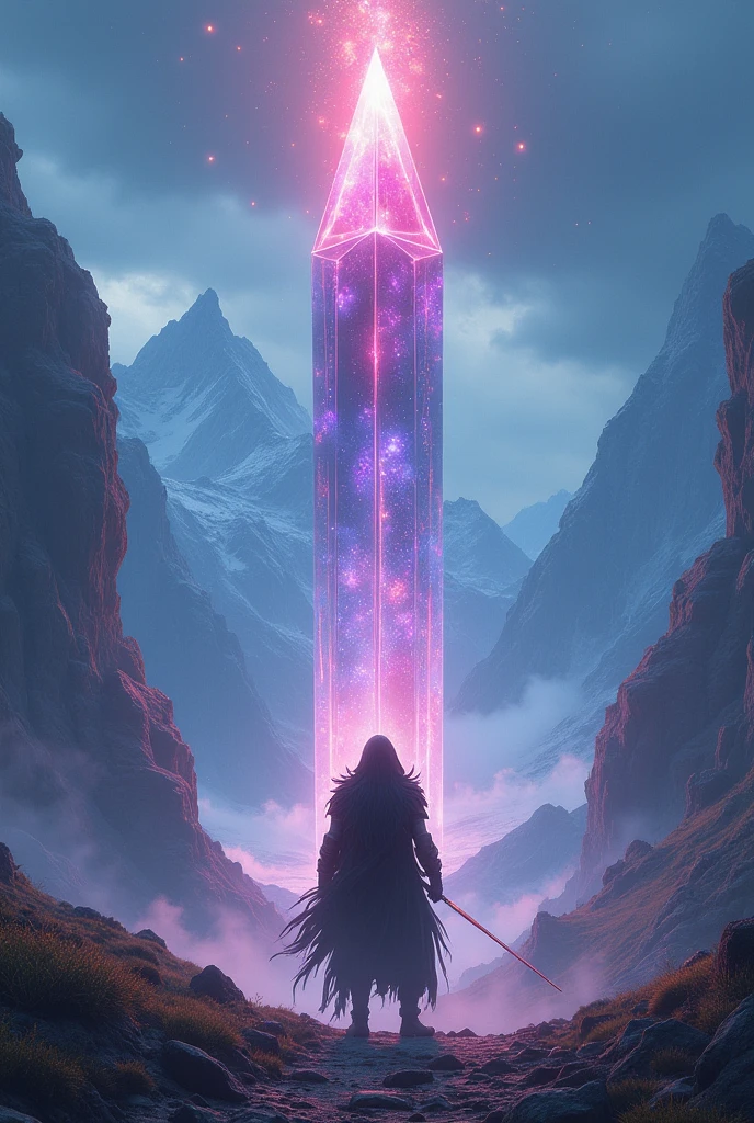 An adventurer guy is facing a colossal crystal the size of 3 skyscrapers in a mountainous area with cosmic aura. The crystal looks cosmic and so does the area. Make the area and Crystal's glow very intense blue, purple, and scarlet. Make the perspective like god of war games. Give the guy hair. Give the guy a smoky aura and give him a long cloak with a hood