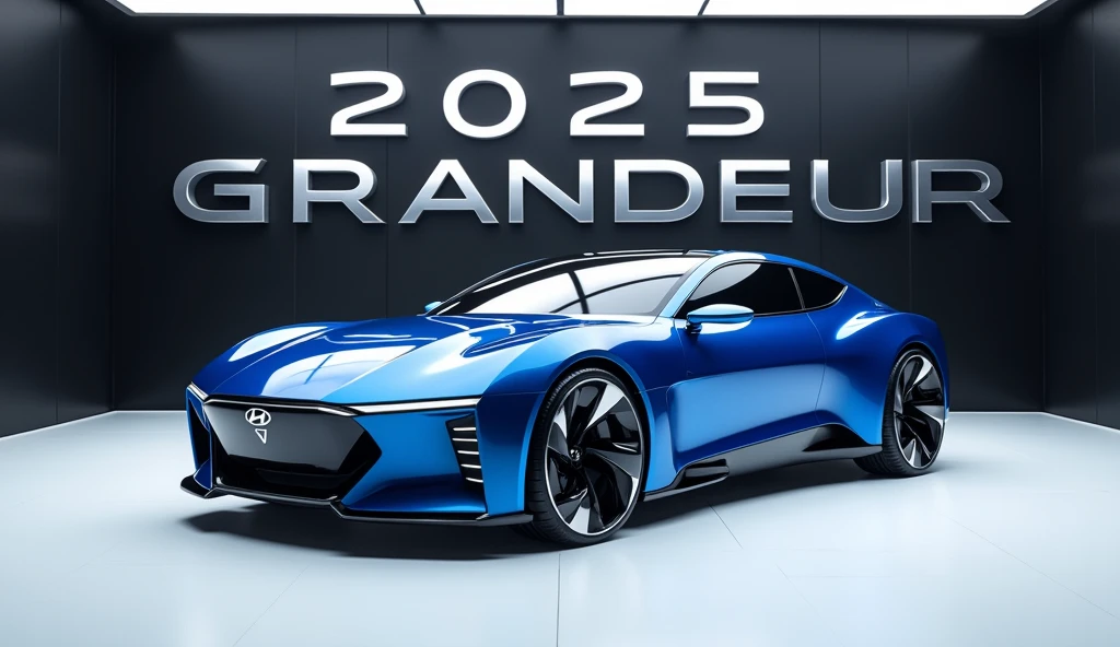 A stunning, futuristic (2025 Hyundai Grandeur ) takes center stage in a luxury white showroom. The vibrant (blue) exterior gleams, drawing attention to its sleek, aerodynamic design and bold accents. The (. 2025 Hyundai Grandeur) " is prominently displayed in large, metallic letters on the car, set against a dark wall. The ( upper  up down side ) view showcases the cutting-edge innovation and technology of its time, inviting potential buyers to experience the future of automotive design and performance. This awe-inspiring image promises an unparalleled driving experience.