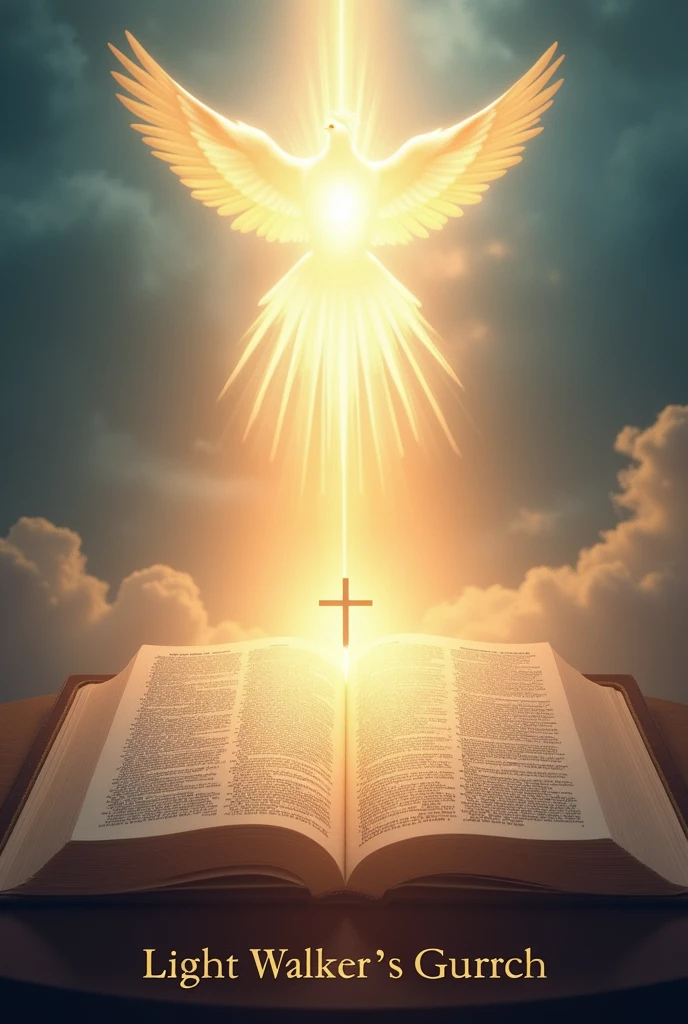 Bright Light shone from Bible with the cross in the middle and holy spirit on top like a dove and write "Light Walker's church" at the bottom, heavenly background
