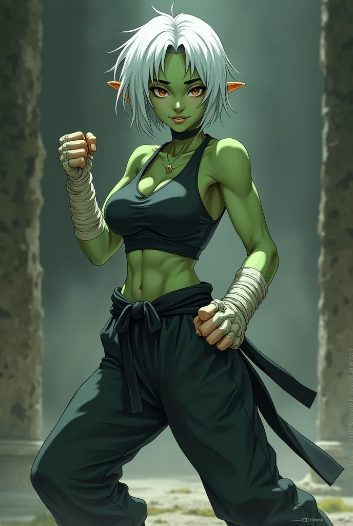 A young half-orc woman in a fighting stance, de pele verde, thin and short, short white hair, with clothing similar to that of a martial artist, with some bandages on his hands. made with anime style, but with thick and gothic features