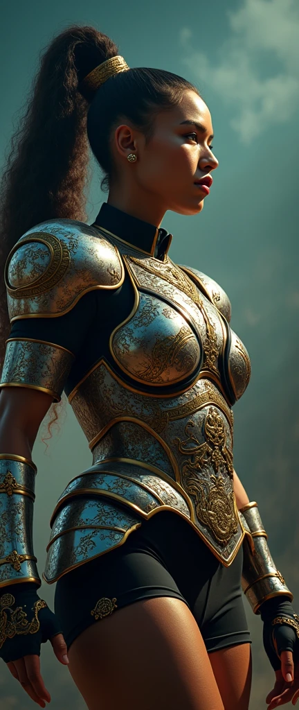 a female rapper in formal rugby armour wear, hip hop motifs, playing rugby rap gestures, 1girl, detailed facial features, hyperrealistic, intricate details, vibrant colors, dramatic lighting, cinematic composition, award-winning digital art, photorealistic, 8k, best quality