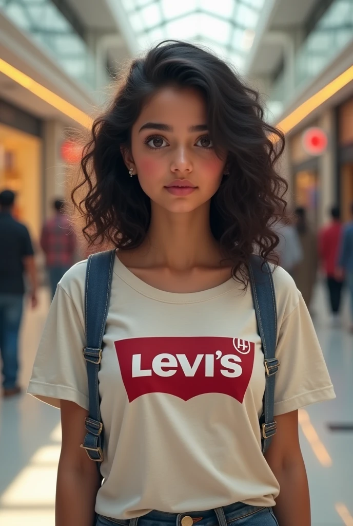 Real Kashmiri Indian girl age 20 in Levi's t shirt weight 55 kg with cubby chicks dimple chin curly hair in mall no blur