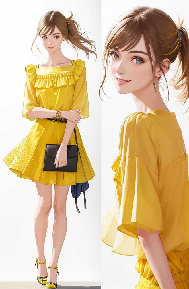 1girl, realistic, standing, photo, gorgeous yellow blouse, shorts, looking past viewer, feminine, smile, photorealism, fashion design, simple white background,  (perfect face:1.4),  model, vogue magazine cover