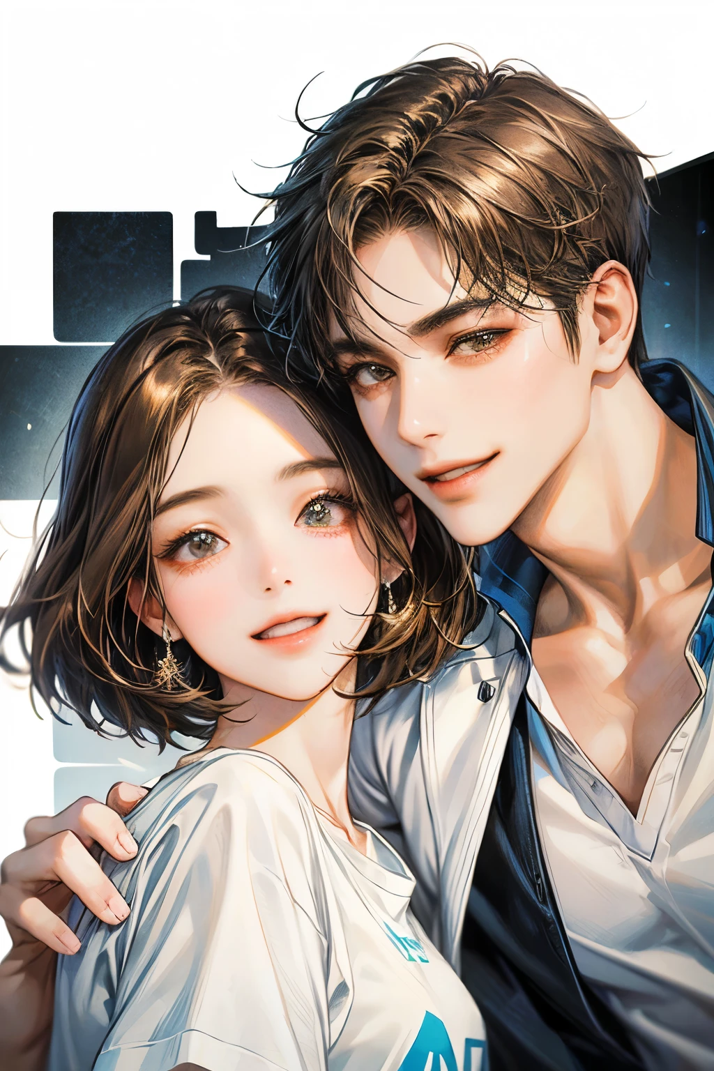 male couple, high resolution, Masterpiece, qualityที่ดีที่สุด, details, detailsสูง, quality, Anatomically correct, โมเดลhigh resolution, detailsมาก, high resolutionสุด, black hair, brown hair, รอยsmileชั่วร้าย, smile, simple background, Lots of white background, two men, MSM, t-shirt