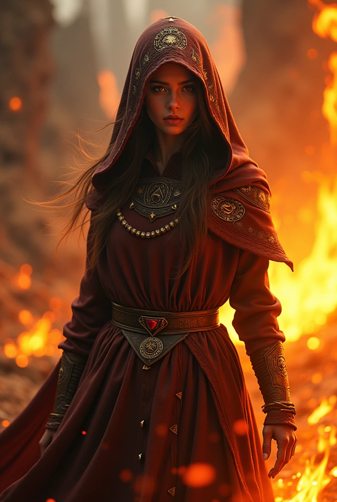 Grandmaster of Fire, female, young, beautiful, mystic, veteran, experienced, hooded cloak
