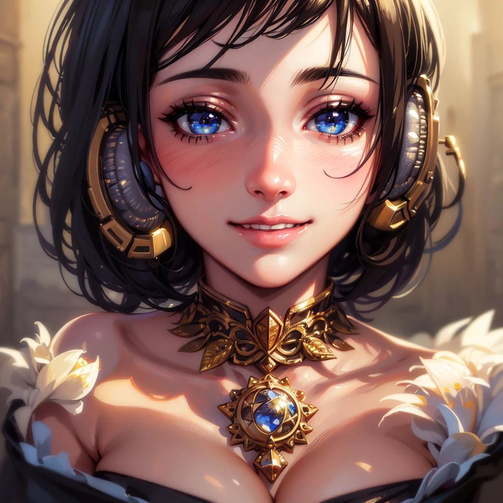 a smiling girl wearing headphones, beautiful detailed eyes, beautiful detailed lips, extremely detailed eyes and face, long eyelashes, beautiful detailed girl, warm lighting, detailed facial features, happy expression, soft focus, cinematic lighting, vibrant colors, intricate details, digital painting, oil painting, masterpiece, (best quality,8k,highres,masterpiece:1.2),ultra-detailed,(realistic,photorealistic,photo-realistic:1.37)