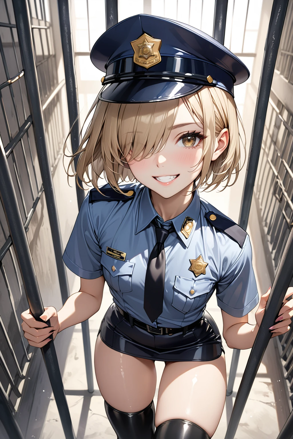 score_9, score_8_up, score_7_up, score_6_up, score_5_up, score_4_up, source_anime,source_furry,rating_safe,rating_questionable,masterpiece, best quality, perfect anatomy , very aesthetic , absurdres,solo, 1girl\(wearing prison jumpsuit\(blue and white border\), arms chained with handcuffs,sitting in jail, evil smile,dynamic angle,dynamic pose,