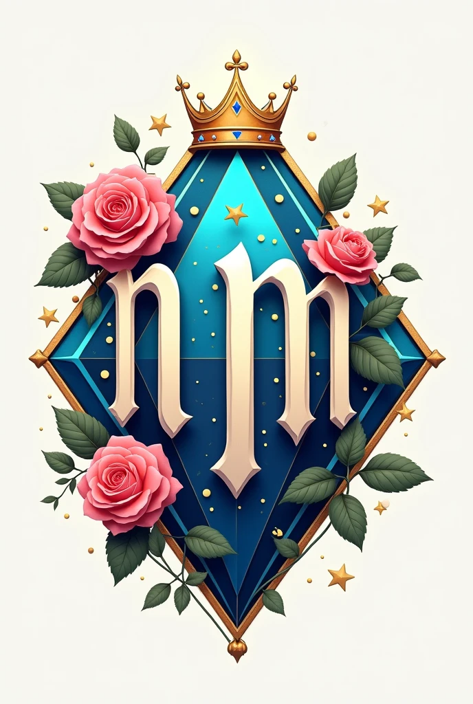 capital typografi font written "NM" bold,artistic,with a rose flower beside it,with a crown on top of it,,and blue diamond around it,