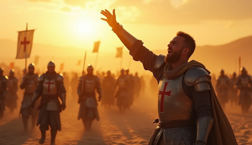 A highly realistic, high-contrast, 8K HD, detailed, hyper-detailed image of a Crusader protagonist on a desert battlefield at sunrise, letting out a powerful battle cry to rally his fellow Crusaders. The scene is set in the early morning as the sun begins to rise, casting warm golden light across the vast, sandy landscape. The protagonist, clad in steel armor with a red cross emblem on his tunic, stands at the center of the image, his face filled with determination and resolve. His arm is raised, sword in hand, as he calls out to his comrades, inspiring them to fight with renewed vigor. The surrounding Crusaders are in various states of readiness, responding to his call, but the focus remains on the protagonist. The scene is filled with energy and intensity, capturing the dramatic moment as the dawn light illuminates the battlefield. The image is of the highest quality, with ultra-high resolution, RAW photo quality, and Unreal Engine rendering, highlighting the heroism and leadership of the Crusader as he motivates his allies.
