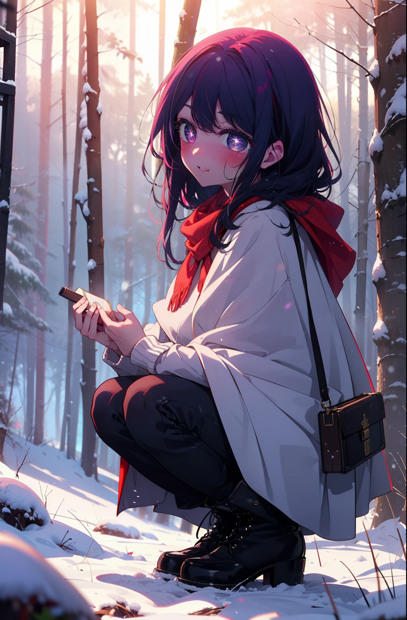 aihoshino, Ai Hoshino, Long Hair, bangs, (Purple eyes:1.1), Purple Hair, (Symbol-shaped pupil:1.5), smile,,smile,blush,white breath,
Open your mouth,snow,Ground bonfire, Outdoor, boots, snowing, From the side, wood, suitcase, Cape, Blurred, , forest, White handbag, nature, Squat, Mouth closed, Cape, winter, Written boundary depth, Black shoes, red Cape break looking at viewer, Upper Body, whole body, break Outdoor, forest, nature, break (masterpiece:1.2), Highest quality, High resolution, unity 8k wallpaper, (shape:0.8), (Beautiful and beautiful eyes:1.6), Highly detailed face, Perfect lighting, Extremely detailed CG, (Perfect hands, Perfect Anatomy),