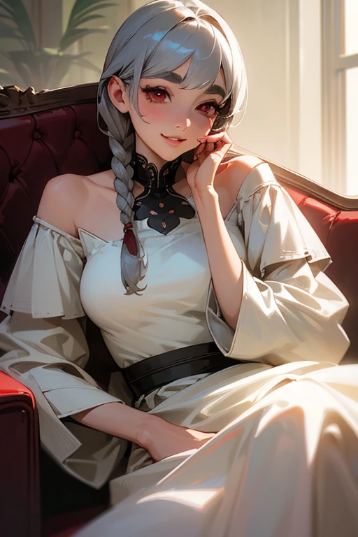 (Highest quality, masterpiece:1.2), High resolution, 最高masterpiece、Very detailed, Realistic:1.37, Fantasy, An illustration,Gray Hair、 Red eyes、Queen, White Dress、beautifully、Eyeshadow Red、Thick eyebrows、Long eyelashes、pupils are black、shiny on the lips、Top Sites、Queen、Princess、A kind smile、Show your teeth a little and smile、Soft impression、people々々々々々々々々々Loved by、Slimming the face、Shoulder Bare、Sexy braids、Kissing Face、Short Bob、Shaggy Bangs、Save face image、((Sit on the sofa)).