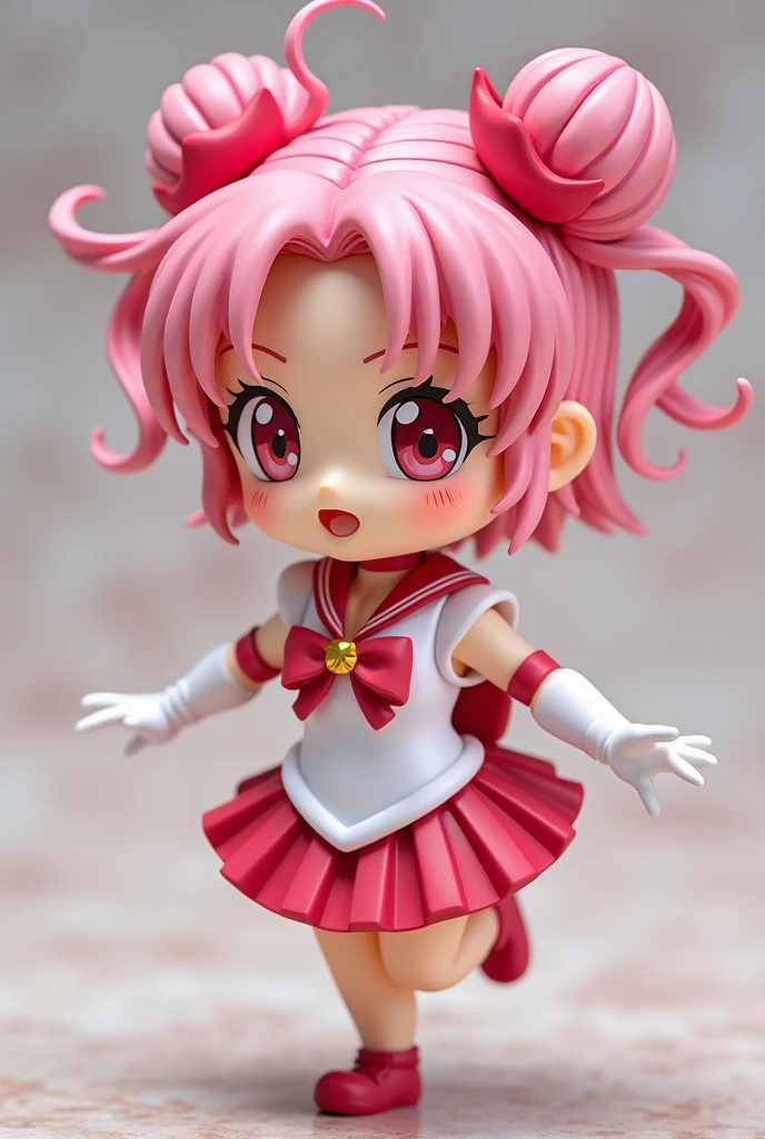masterpiece, best quality, absurdres, perfect antomy, 1girl, solo, SMMoon, 1990s \(style\), sailor chibi moon pink hair, pink pupils eyes, climbing the stairs up, close-up, smile, cowboy shot, sailor senshi uniform pink, pink sailor collar, Pink pleated skirt, elbow gloves, in back pose, show her booty, backwards, no thong on big booty, full body, aausagi, close-up booty