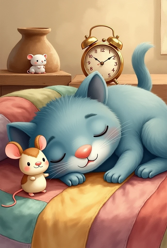 An illustration in a textured watercolor style depicting a serene domestic scene with a large, smiling, blue cat lying on a multicolored patchwork quilt. The cat's eyes are closed, whiskers are prominent, and its nose is a soft peach color. It is lazily draping one paw off the edge of the quilt. Next to the cat, there are two small, whimsical mice; one is beige with a brown patch over one eye and a red clown nose, while the other is white with a red clown nose, both sitting upright. They are on a quilt-covered surface, adding to the homey feel of the image. To the right, a vintage gold alarm clock indicating just past nine o'clock and a simple brown clay bowl rest on the quilt. The background suggests a rustic texture emulating a wall, in golden and brown hues that give a warm and cozy atmosphere to the composition.