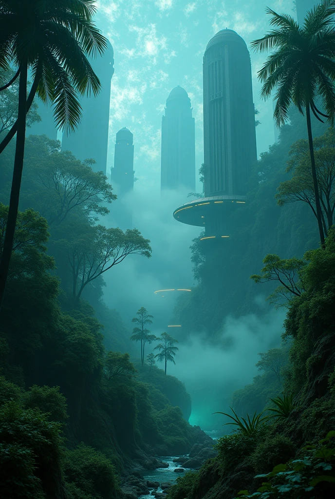 Create a landscape image of a cyberpunk extra terrestrial rain forest with extraterrestrial alien architecture with aliens in the forest mist smog and fog with digital uv glowing lightings twilight  blury cinematic lightings all in the forest floating  photorealistic, natural lighting, ultra realistic photo, high quality, HDR, high resolution, smooth and delicate , noble and elegant, ultra-realistic photography vibe, shot with Canon camera, intricate details, award winning photography 32k --s 750 --v 6.1