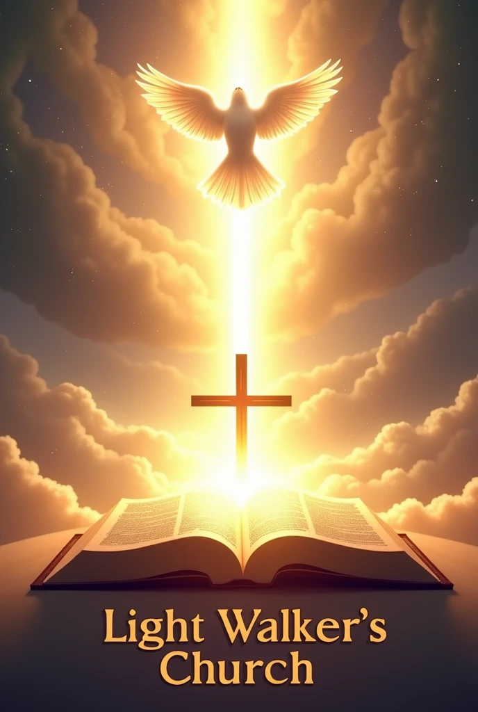 Bright Light shone from Bible with the cross in the middle and holy spirit on top like a dove and write "Light Walker's church" at the bottom, heavenly background 