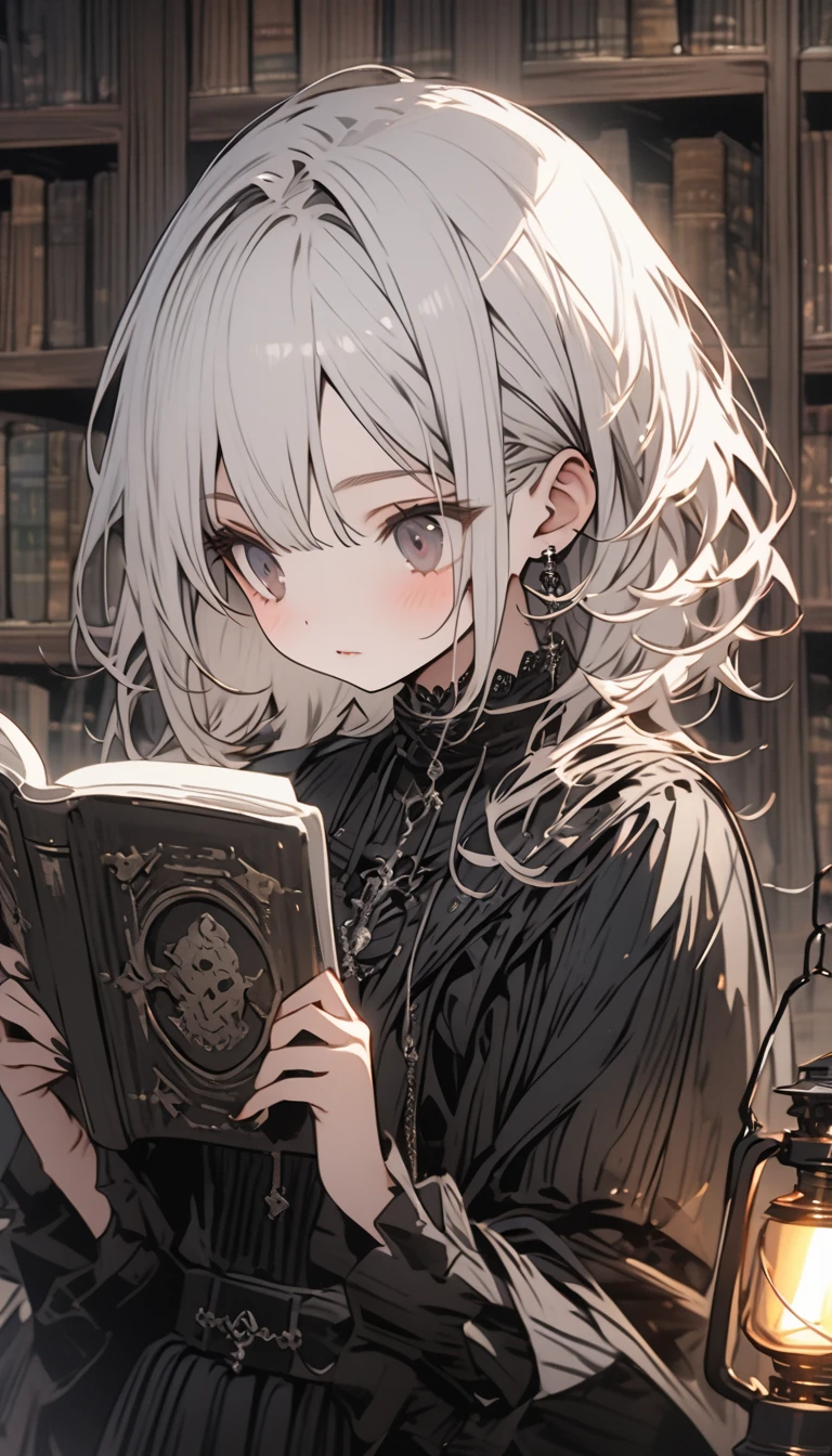 Beautiful girl with white hair，Wearing a black gothic skirt，Standing next to the bookshelf and reading a book，library，A metal lantern is placed nearby.，solo，Character Close-up，Detailed characters