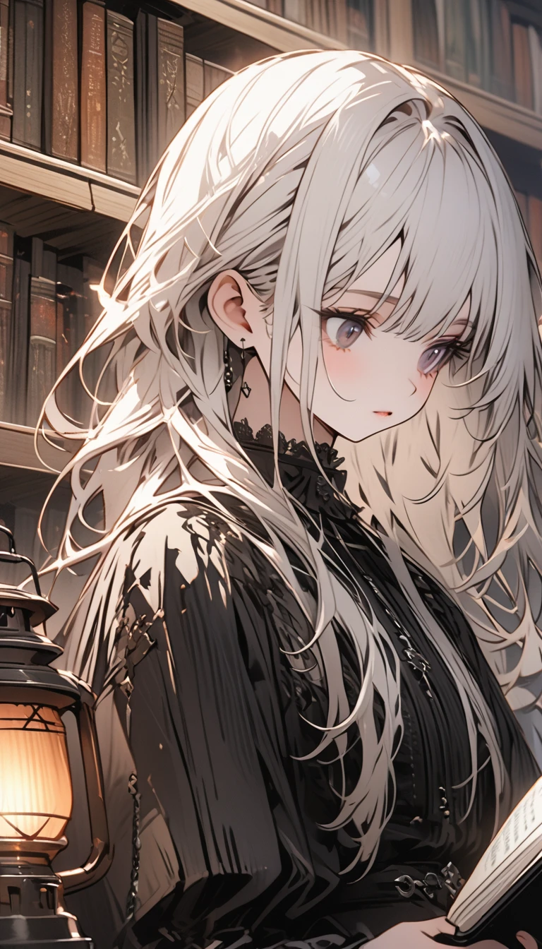 Beautiful girl with white hair,Wearing a black gothic skirt,Standing next to the bookshelf and reading a book,library,A metal lantern is placed nearby.,solo,Character Close-up,Detailed characters
