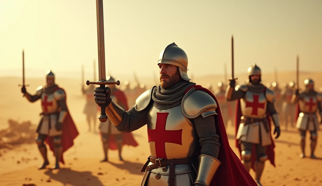A highly realistic, high-contrast, 8K HD, detailed, hyper-detailed image of Crusader knights, clad in steel armor with red crosses on their tunics, standing victorious in a desert battlefield. The scene captures the moment after they have overwhelmed their enemies, with the Crusaders standing tall and proud, their swords raised high in triumph. The desert landscape around them is vast, with golden sands stretching out under the bright sun, and the remnants of the defeated enemy forces scattered across the ground. The knights' faces and postures reflect their pride and satisfaction in victory, their armor gleaming in the harsh sunlight. The image is of the highest quality, with ultra-high resolution, RAW photo quality, and Unreal Engine rendering, showcasing the Crusaders’ dominance and the glory of their hard-fought victory in the unforgiving desert.