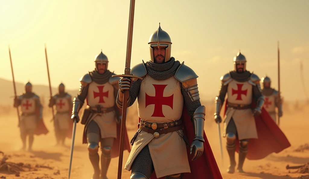 A highly realistic, high-contrast, 8K HD, detailed, hyper-detailed image of Crusader knights, clad in steel armor with red crosses on their tunics, standing victorious in a desert battlefield. The scene captures the moment after they have overwhelmed their enemies, with the Crusaders standing tall and proud, their swords raised high in triumph. The desert landscape around them is vast, with golden sands stretching out under the bright sun, and the remnants of the defeated enemy forces scattered across the ground. The knights' faces and postures reflect their pride and satisfaction in victory, their armor gleaming in the harsh sunlight. The image is of the highest quality, with ultra-high resolution, RAW photo quality, and Unreal Engine rendering, showcasing the Crusaders’ dominance and the glory of their hard-fought victory in the unforgiving desert.