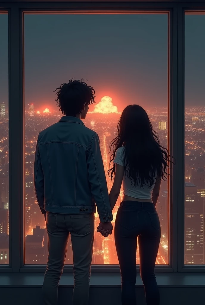 You can recreate an image like the last scene of "The Fight Club" Turning his back and facing a large window with a view of the night and the city, watching a couple of explosions in the background and holding hands, The only difference is that Marla is a girl with long black hair., and the narrator a boy with medium-long hair, black and cracked and a denim jacket.