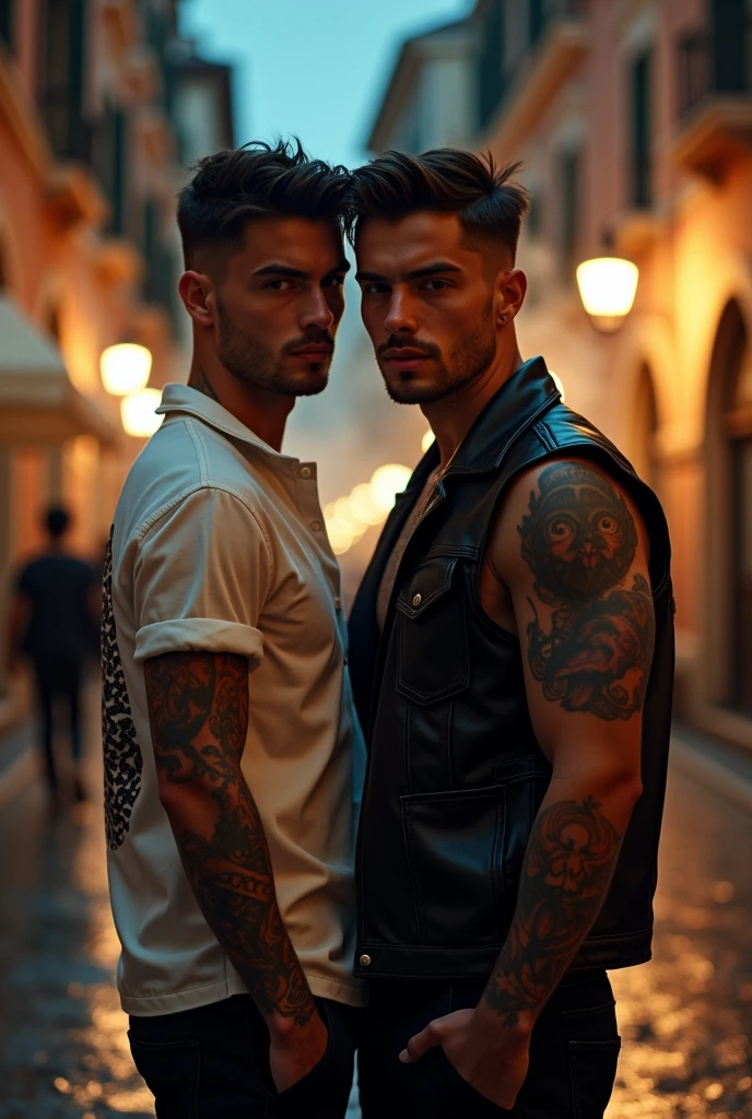 The protagonist's close-up multi-angle shooting.Midnight, street in Rome, two handsome young Italians, short hair, gay art, one wears a shirt with a beard on the back, the other wears a leather vest with tattoos, ambiguous atmosphere, film texture, ground reflection, romantic background scattering 1.8 HD 8k real photos! Sex. Chest muscles! Chest hair! , tattoo. white hair Smoke, movie feeling! Movie lights! Award-winning poster Ambiguous and teasing Stand separately, one person stands aside, and the other is smoking.Both of them face the camera.