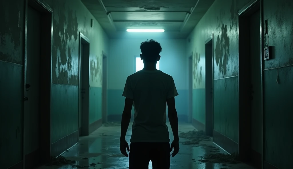 (Masterpiece:1.2,Highest quality,Ultra high resolution,very detailed,realistic,Ultra high resolution,8ก,Wallpaper,(Taking photos in an abandoned hospital),(The image shows a young man standing with his back turned looking at something mysterious in front of him.),Camera angle of Pogal behind the young man,nighttime,Thailand,Quiet and scary,horror