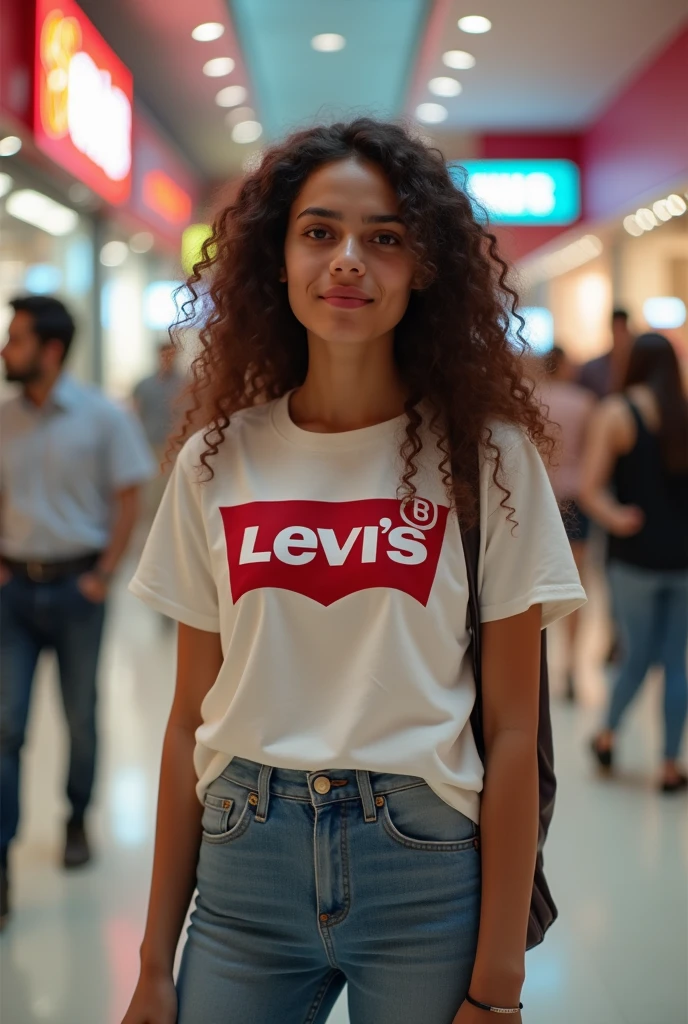 Real Kashmiri Indian girl age 20 in Levi's t shirt weight 55 kg with cubby chicks dimple chin curly hair in mall