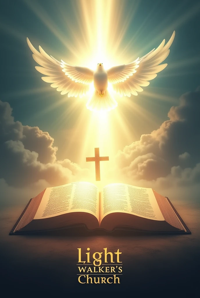 Bright Light shone from Bible with the cross in the middle and holy spirit on top like a dove and write "Light Walker's church" at the bottom, heavenly background