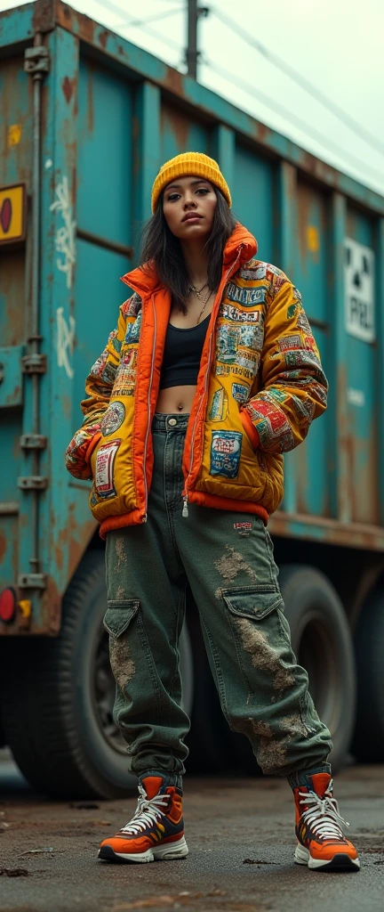 a female rapper in a recycled trash hi-vest jacket with hip hop motifs, on the back of a recycle truck, graffiti style, grungy urban environment, cinematic lighting, dynamic pose, photorealistic, 8k, highly detailed