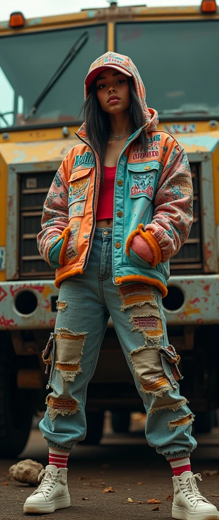 a female rapper in a recycled trash hi-vest jacket with hip hop motifs, on the back of a recycle truck, graffiti style, grungy urban environment, cinematic lighting, dynamic pose, photorealistic, 8k, highly detailed