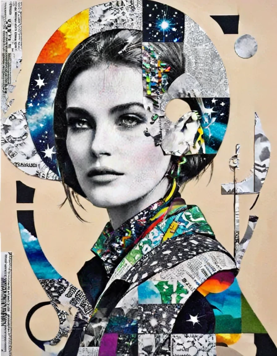 (fashionable, chic, top quality: 1.2), (modern collage made in random shapes with motifs cut from fashion, scientific and astronomical magazines), masterpiece