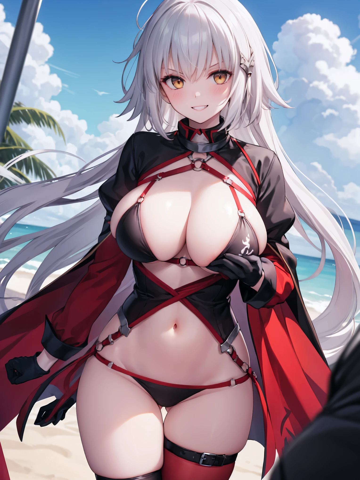 masterpiece, best quality, 1girl, , silver hair, ahoge, gold eyes, shaggy_long_hair,, gigantic_, , blue sky_beach_landscape,covered_groin,covered_nipplesoung_teen,,open_legrotch_armor,cowboy_shot,crotch, asymmetrical legwear, long hair, bikini, black bikini, black gloves, gloves, long sleeves, navel, o-ring, o-ring bikini, o-ring bottom, o-ring top, puffy long sleevesffy sleeves, red leg, single thighhigh, swimsuit, thigh strap, thighhighs, uneven legwear,smile,grin,angry,glare,dynamic_standing,jeanne D'arc alter,