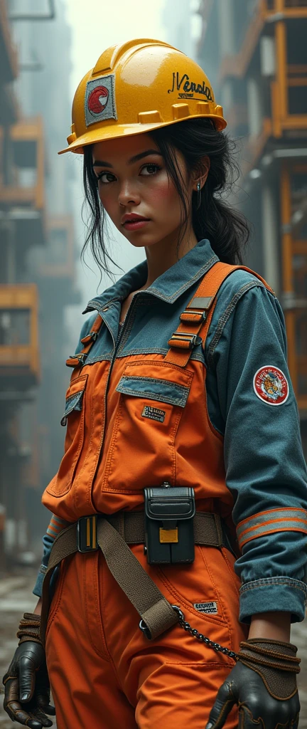 a female constructer in baggy formal construction wear with hip hop motifs, next to scaffolding, detailed face, beautiful detailed eyes, beautiful detailed lips, extremely detailed face, long eyelashes, photorealistic, 8k, high quality, masterpiece, cinematic lighting, dramatic lighting, moody lighting, vivid colors, vibrant colors, intricate details, complex background, industrial setting