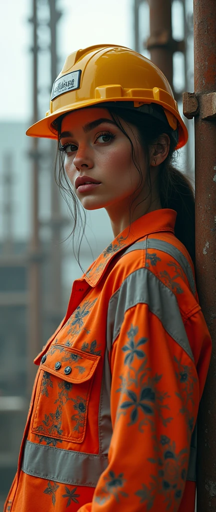 a female constructer in baggy formal construction wear with hip hop motifs, next to scaffolding, detailed face, beautiful detailed eyes, beautiful detailed lips, extremely detailed face, long eyelashes, photorealistic, 8k, high quality, masterpiece, cinematic lighting, dramatic lighting, moody lighting, vivid colors, vibrant colors, intricate details, complex background, industrial setting