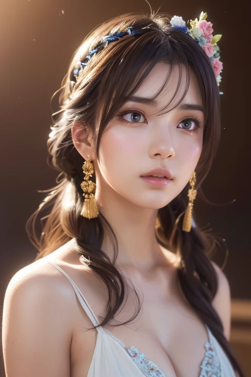a beautiful anime-style girl with an upward gaze, partial undress, upper body only, mythical background, detailed delicate face, long eyelashes, smooth skin, intricate ornate decorations, vibrant colors, ethereal lighting, (best quality,4k,8k,highres,masterpiece:1.2),ultra-detailed,(realistic,photorealistic,photo-realistic:1.37),digital painting,concept art