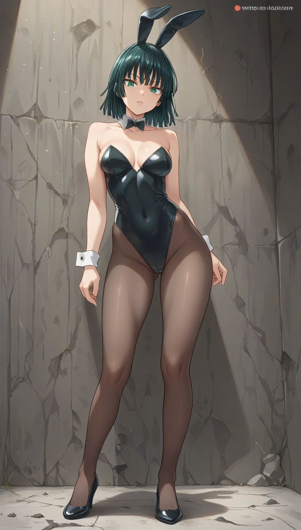 green eyes,rating_explicit, fubuki from one punch man,black bunny suit,black bunny ears,clavage,chocker,tatto,(from bellov,full body,head straight,eyes down,looking down on viewer,looking at viewer from bellow)