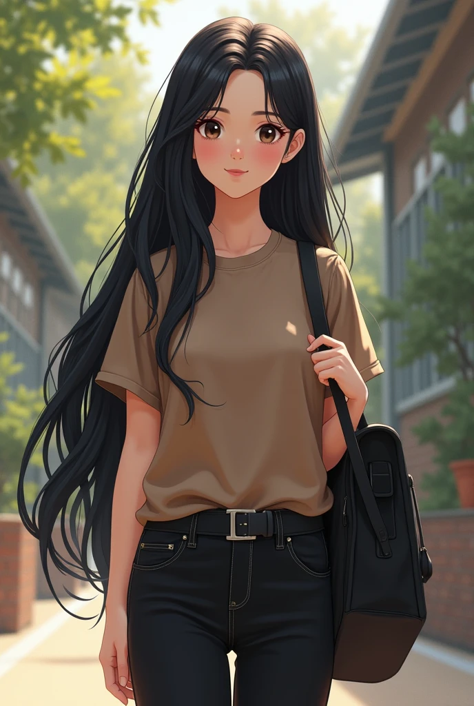 create a lady that wears light brown tshirt and black pants with black school bag she has black hair also. She looks like rapunzel