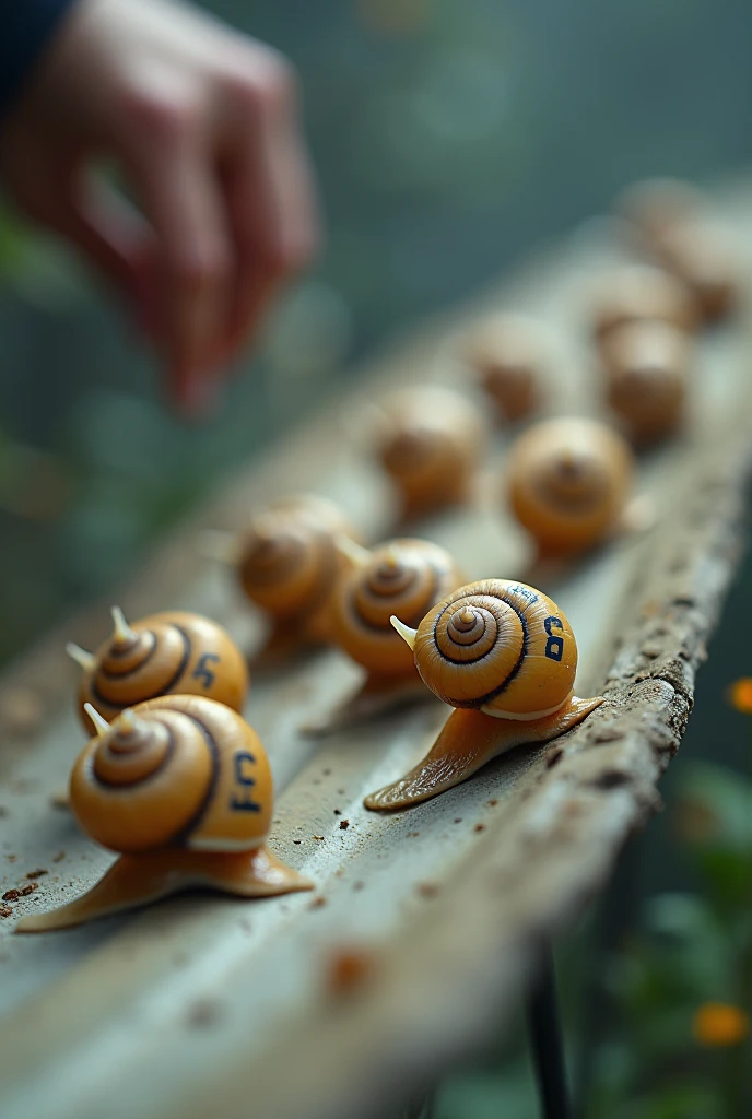 10 of Cerithidea obtusa((long shell snail)). Racing on track. . Tilt shift photography. Live streaming on tv. Human hand background. Have a number on shell