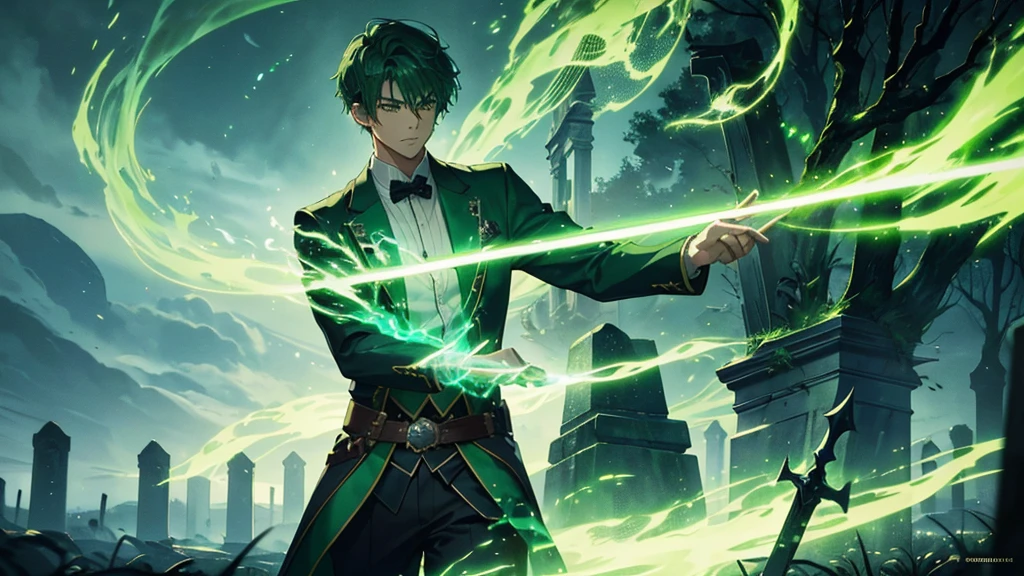 a handsome boy with flowing short green hair, holding a sword, surrounded by an mystical and rich atmosphere, glowing green, with large ghostly figure behind, gravestone in the background, ethereal floating effect, best quality, (masterpiece:1.2), ultra-detailed, hyper-realistic, dramatic lighting, vibrant colors, cinematic, fantasy, concept art