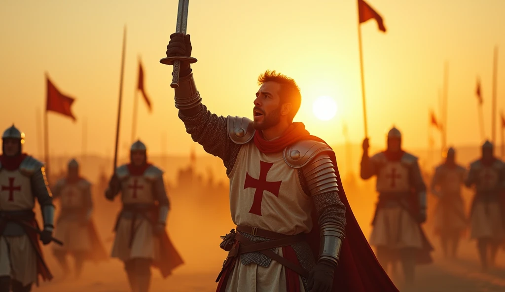 A highly realistic, high-contrast, 8K HD, detailed, hyper-detailed image of a Crusader protagonist on a desert battlefield at sunrise, letting out a powerful battle cry to rally his fellow Crusaders. The scene is set in the early morning as the sun begins to rise, casting warm golden light across the vast, sandy landscape. The protagonist, clad in steel armor with a red cross emblem on his tunic, stands at the center of the image, his face filled with determination and resolve. His arm is raised, sword in hand, as he calls out to his comrades, inspiring them to fight with renewed vigor. The surrounding Crusaders are in various states of readiness, responding to his call, but the focus remains on the protagonist. The scene is filled with energy and intensity, capturing the dramatic moment as the dawn light illuminates the battlefield. The image is of the highest quality, with ultra-high resolution, RAW photo quality, and Unreal Engine rendering, highlighting the heroism and leadership of the Crusader as he motivates his allies.
