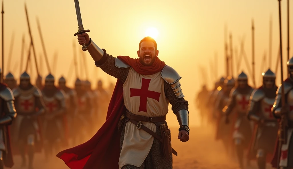 A highly realistic, high-contrast, 8K HD, detailed, hyper-detailed image of a Crusader protagonist on a desert battlefield at sunrise, letting out a powerful battle cry to rally his fellow Crusaders. The scene is set in the early morning as the sun begins to rise, casting warm golden light across the vast, sandy landscape. The protagonist, clad in steel armor with a red cross emblem on his tunic, stands at the center of the image, his face filled with determination and resolve. His arm is raised, sword in hand, as he calls out to his comrades, inspiring them to fight with renewed vigor. The surrounding Crusaders are in various states of readiness, responding to his call, but the focus remains on the protagonist. The scene is filled with energy and intensity, capturing the dramatic moment as the dawn light illuminates the battlefield. The image is of the highest quality, with ultra-high resolution, RAW photo quality, and Unreal Engine rendering, highlighting the heroism and leadership of the Crusader as he motivates his allies.
