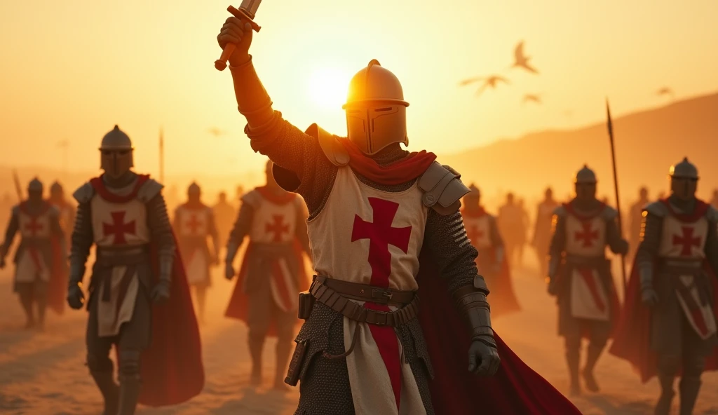 A highly realistic, high-contrast, 8K HD, detailed, hyper-detailed image of a Crusader protagonist on a desert battlefield at sunrise, letting out a powerful battle cry to rally his fellow Crusaders. The scene is set in the early morning as the sun begins to rise, casting warm golden light across the vast, sandy landscape. The protagonist, clad in steel armor with a red cross emblem on his tunic, stands at the center of the image, his face filled with determination and resolve. His arm is raised, sword in hand, as he calls out to his comrades, inspiring them to fight with renewed vigor. The surrounding Crusaders are in various states of readiness, responding to his call, but the focus remains on the protagonist. The scene is filled with energy and intensity, capturing the dramatic moment as the dawn light illuminates the battlefield. The image is of the highest quality, with ultra-high resolution, RAW photo quality, and Unreal Engine rendering, highlighting the heroism and leadership of the Crusader as he motivates his allies.
