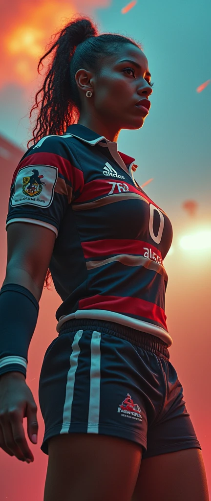 a female rapper in rugby wear, hip hop motifs, playing rugby rap gestures, 1girl, detailed facial features, hyperrealistic, intricate details, vibrant colors, dramatic lighting, cinematic composition, award-winning digital art, photorealistic, 8k, best quality